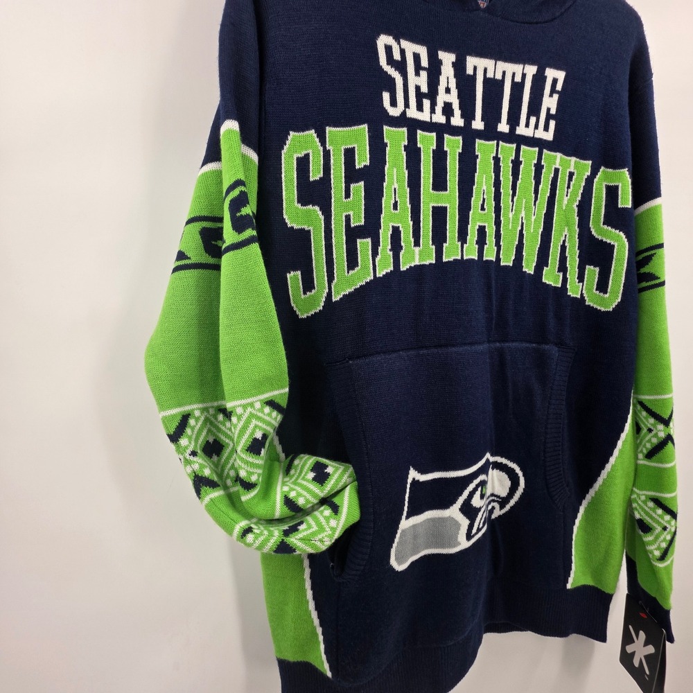 NFL TEAM APPAREL SEATTLE SEAHAWKS SWEATER MENS MEDIUM BLUE GREEN HOODED UGLY NEW - Picture 5 of 12